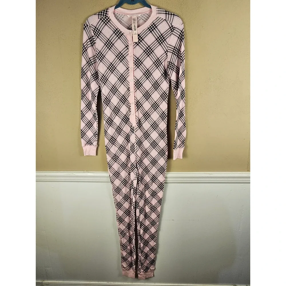 NWT Victoria's Secret Pink Black Plaid Thermal Long John Pajamas‎ Romper XS